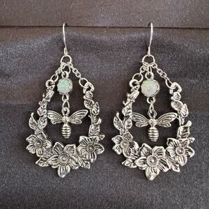 Boho Cottage Honeybee Silver Tone with Synthetic Opal Earrings